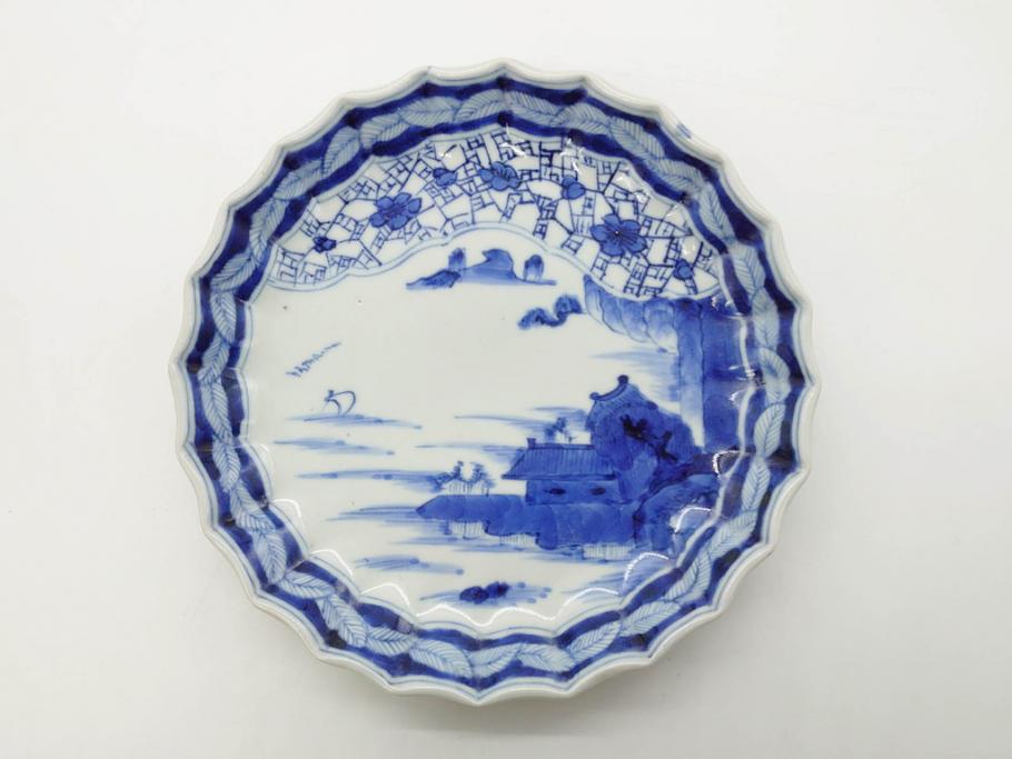 江戸期　古伊万里　染付　山水図　5.7寸　細部まで絵付けされた見事な中皿2枚セット(風景、和皿、和食器、なます皿、変形皿、五寸七分)(R-079575)