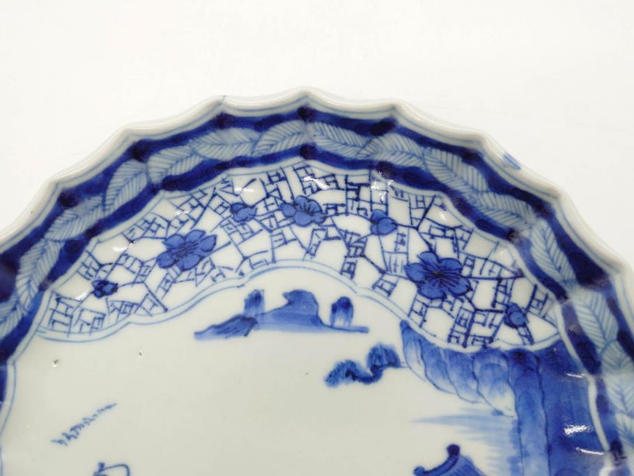 江戸期　古伊万里　染付　山水図　5.7寸　細部まで絵付けされた見事な中皿2枚セット(風景、和皿、和食器、なます皿、変形皿、五寸七分)(R-079575)