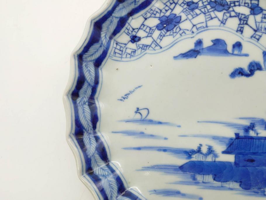 江戸期　古伊万里　染付　山水図　5.7寸　細部まで絵付けされた見事な中皿2枚セット(風景、和皿、和食器、なます皿、変形皿、五寸七分)(R-079575)