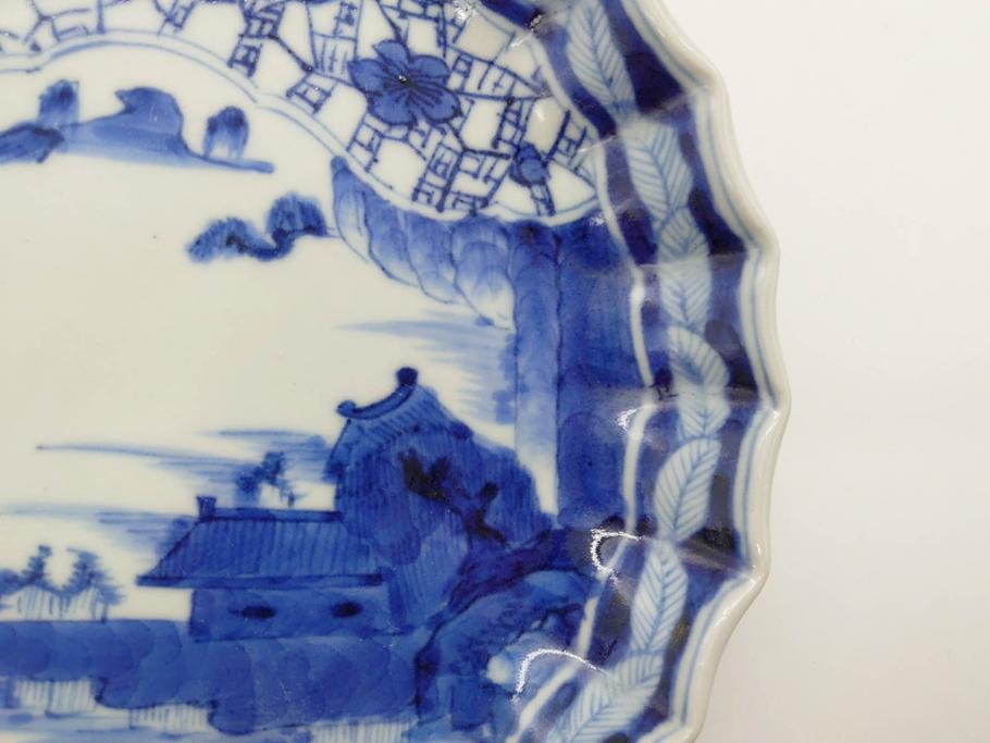 江戸期　古伊万里　染付　山水図　5.7寸　細部まで絵付けされた見事な中皿2枚セット(風景、和皿、和食器、なます皿、変形皿、五寸七分)(R-079575)