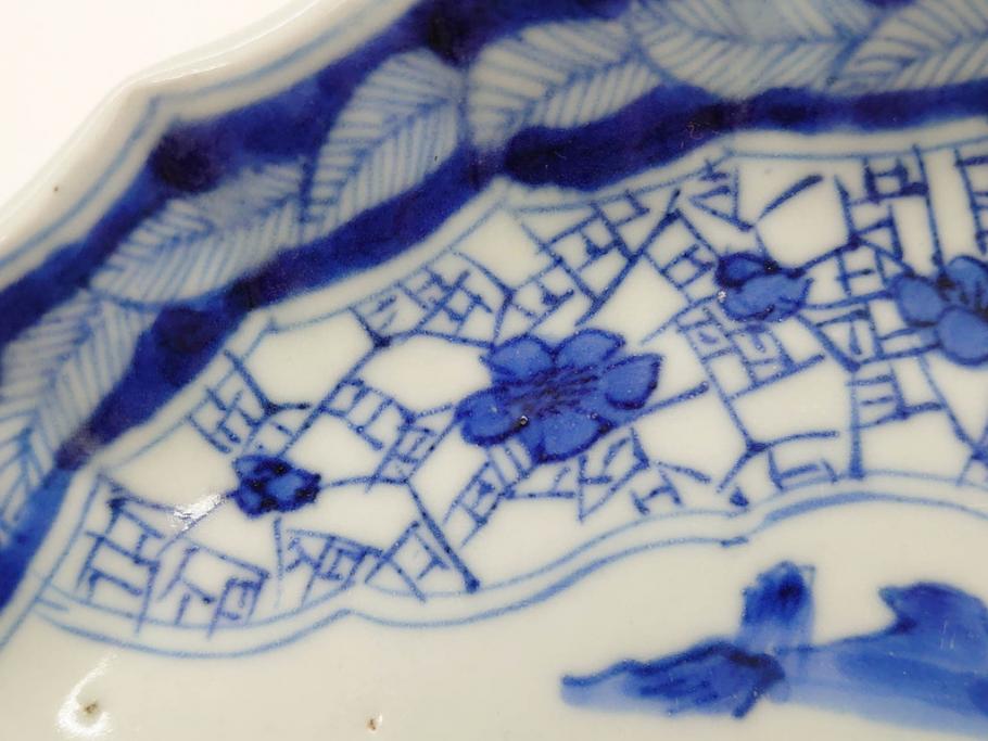 江戸期　古伊万里　染付　山水図　5.7寸　細部まで絵付けされた見事な中皿2枚セット(風景、和皿、和食器、なます皿、変形皿、五寸七分)(R-079575)