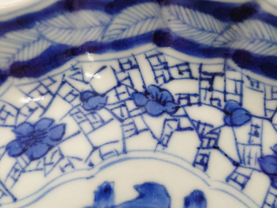 江戸期　古伊万里　染付　山水図　5.7寸　細部まで絵付けされた見事な中皿2枚セット(風景、和皿、和食器、なます皿、変形皿、五寸七分)(R-079575)