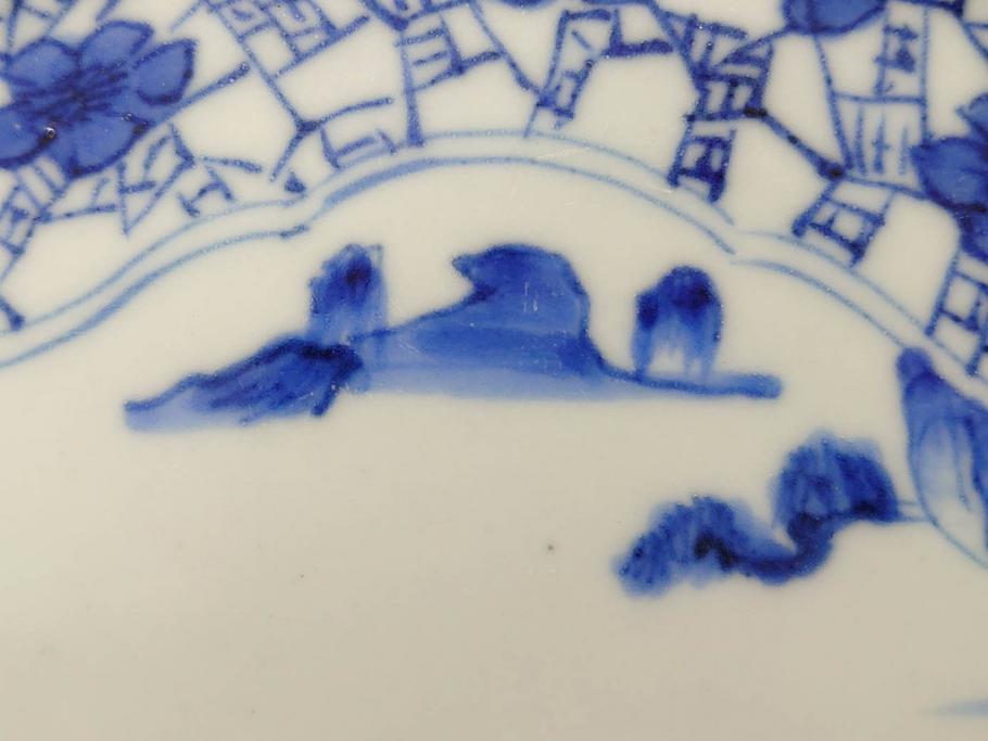 江戸期　古伊万里　染付　山水図　5.7寸　細部まで絵付けされた見事な中皿2枚セット(風景、和皿、和食器、なます皿、変形皿、五寸七分)(R-079575)