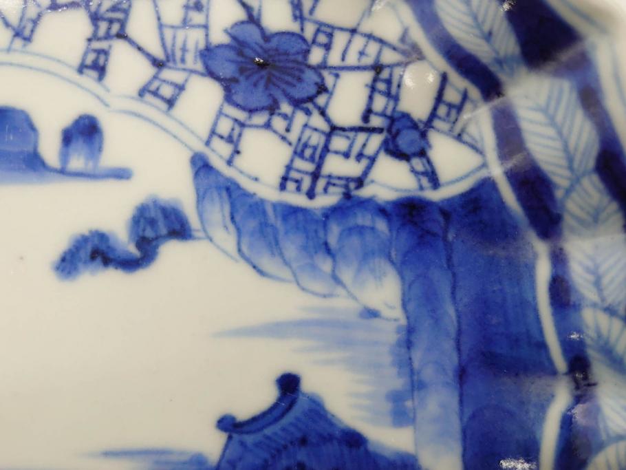 江戸期　古伊万里　染付　山水図　5.7寸　細部まで絵付けされた見事な中皿2枚セット(風景、和皿、和食器、なます皿、変形皿、五寸七分)(R-079575)