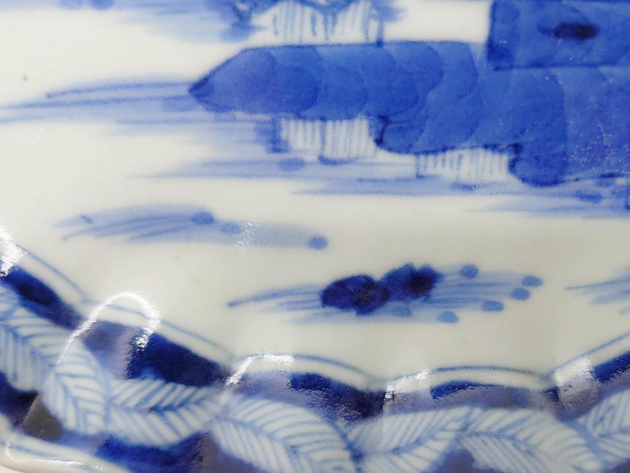 江戸期　古伊万里　染付　山水図　5.7寸　細部まで絵付けされた見事な中皿2枚セット(風景、和皿、和食器、なます皿、変形皿、五寸七分)(R-079575)