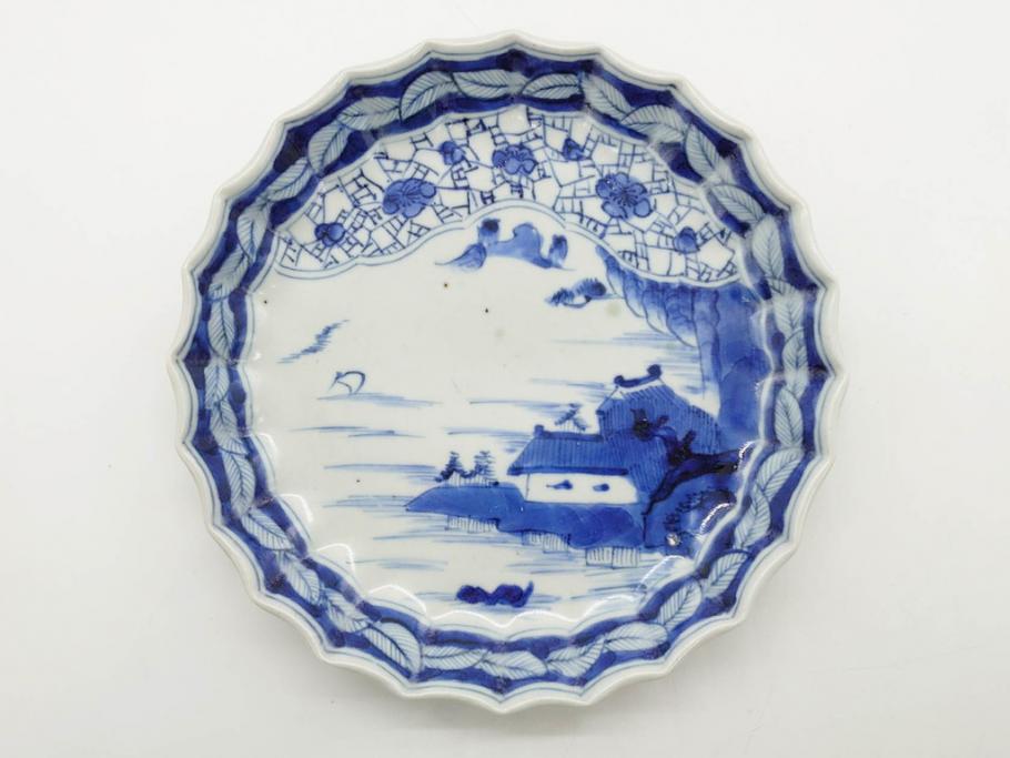 江戸期　古伊万里　染付　山水図　5.7寸　細部まで絵付けされた見事な中皿2枚セット(風景、和皿、和食器、なます皿、変形皿、五寸七分)(R-079575)