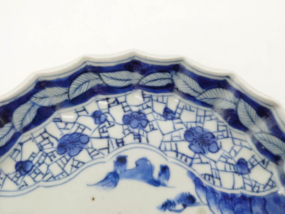 江戸期　古伊万里　染付　山水図　5.7寸　細部まで絵付けされた見事な中皿2枚セット(風景、和皿、和食器、なます皿、変形皿、五寸七分)(R-079575)