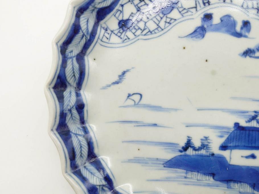 江戸期　古伊万里　染付　山水図　5.7寸　細部まで絵付けされた見事な中皿2枚セット(風景、和皿、和食器、なます皿、変形皿、五寸七分)(R-079575)