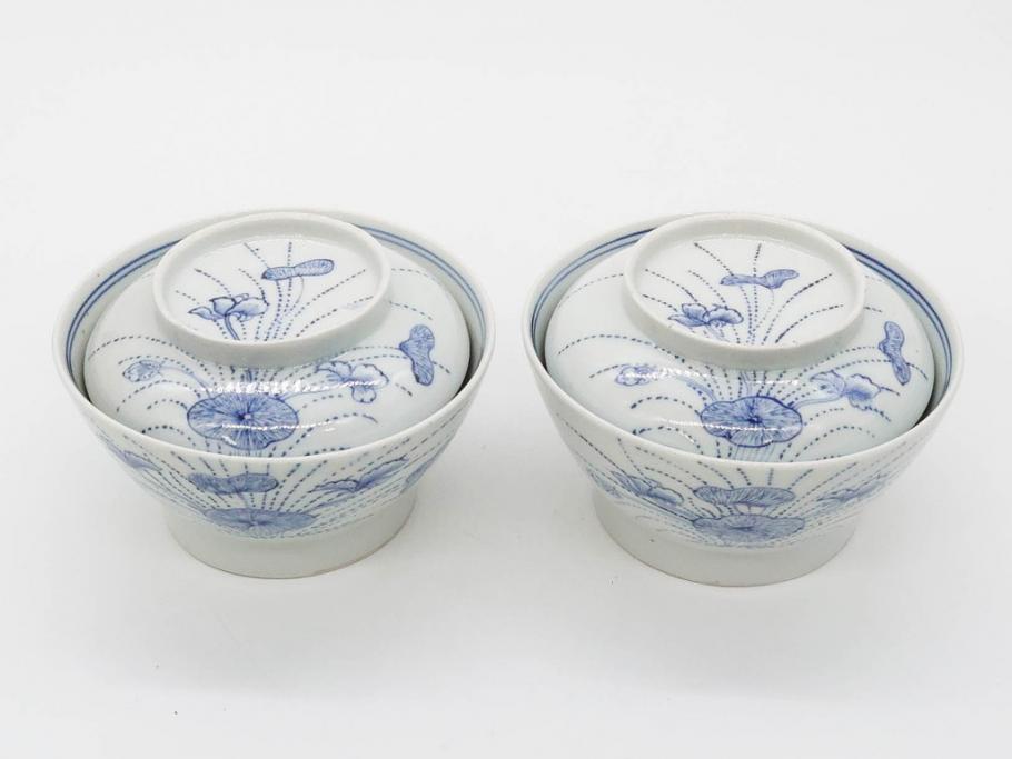 江戸期　古伊万里　染付　線描　蝶花図　約12cm　4寸　清楚な美しさのある蓋付き茶碗2客セット(ちょう、蓮?、和食器、どんぶり、蓋茶碗、四寸)(R-079599)