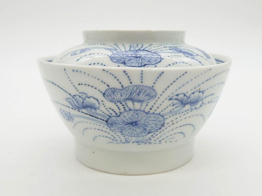 江戸期　古伊万里　染付　線描　蝶花図　約12cm　4寸　清楚な美しさのある蓋付き茶碗2客セット(ちょう、蓮?、和食器、どんぶり、蓋茶碗、四寸)(R-079599)