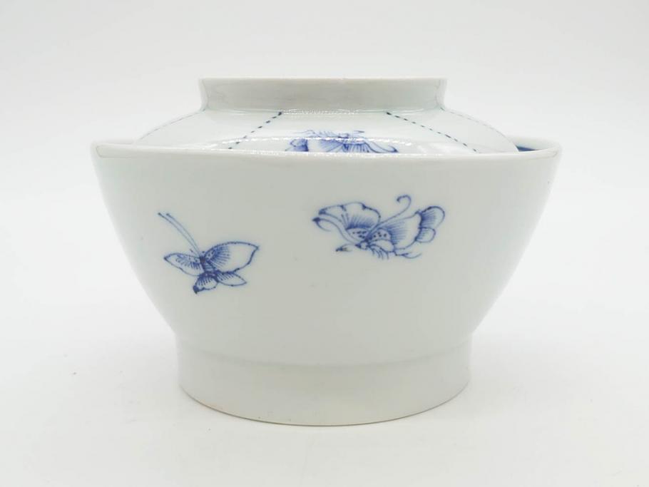 江戸期　古伊万里　染付　線描　蝶花図　約12cm　4寸　清楚な美しさのある蓋付き茶碗2客セット(ちょう、蓮?、和食器、どんぶり、蓋茶碗、四寸)(R-079599)