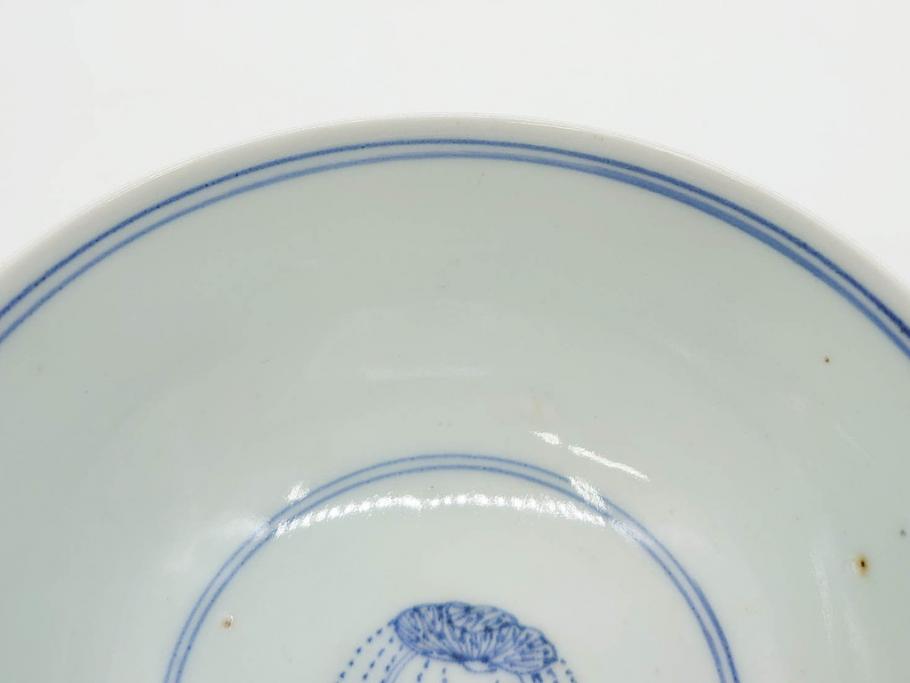 江戸期　古伊万里　染付　線描　蝶花図　約12cm　4寸　清楚な美しさのある蓋付き茶碗2客セット(ちょう、蓮?、和食器、どんぶり、蓋茶碗、四寸)(R-079599)