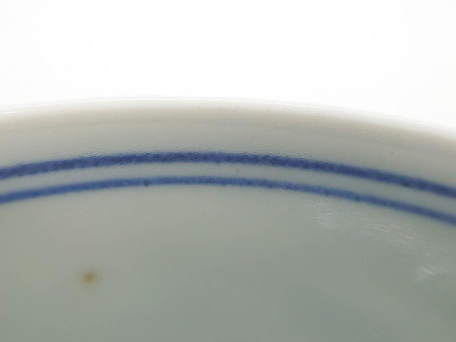 江戸期　古伊万里　染付　線描　蝶花図　約12cm　4寸　清楚な美しさのある蓋付き茶碗2客セット(ちょう、蓮?、和食器、どんぶり、蓋茶碗、四寸)(R-079599)