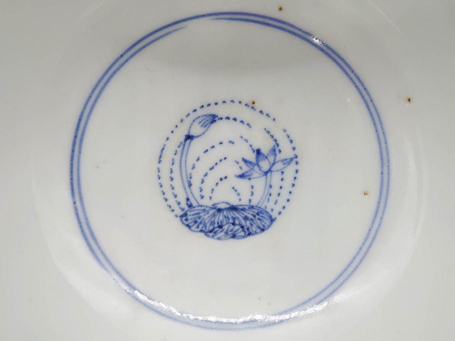 江戸期　古伊万里　染付　線描　蝶花図　約12cm　4寸　清楚な美しさのある蓋付き茶碗2客セット(ちょう、蓮?、和食器、どんぶり、蓋茶碗、四寸)(R-079599)