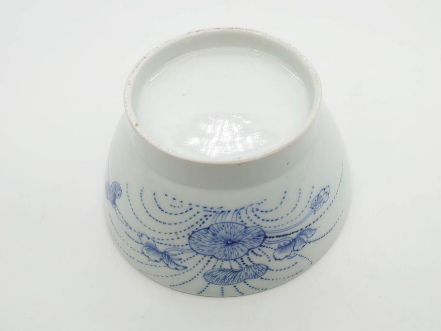 江戸期　古伊万里　染付　線描　蝶花図　約12cm　4寸　清楚な美しさのある蓋付き茶碗2客セット(ちょう、蓮?、和食器、どんぶり、蓋茶碗、四寸)(R-079599)