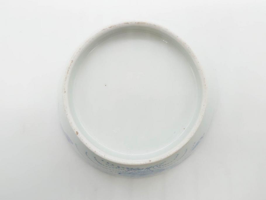 江戸期　古伊万里　染付　線描　蝶花図　約12cm　4寸　清楚な美しさのある蓋付き茶碗2客セット(ちょう、蓮?、和食器、どんぶり、蓋茶碗、四寸)(R-079599)