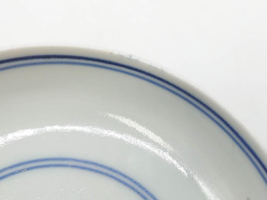 江戸期　古伊万里　染付　線描　蝶花図　約12cm　4寸　清楚な美しさのある蓋付き茶碗2客セット(ちょう、蓮?、和食器、どんぶり、蓋茶碗、四寸)(R-079599)
