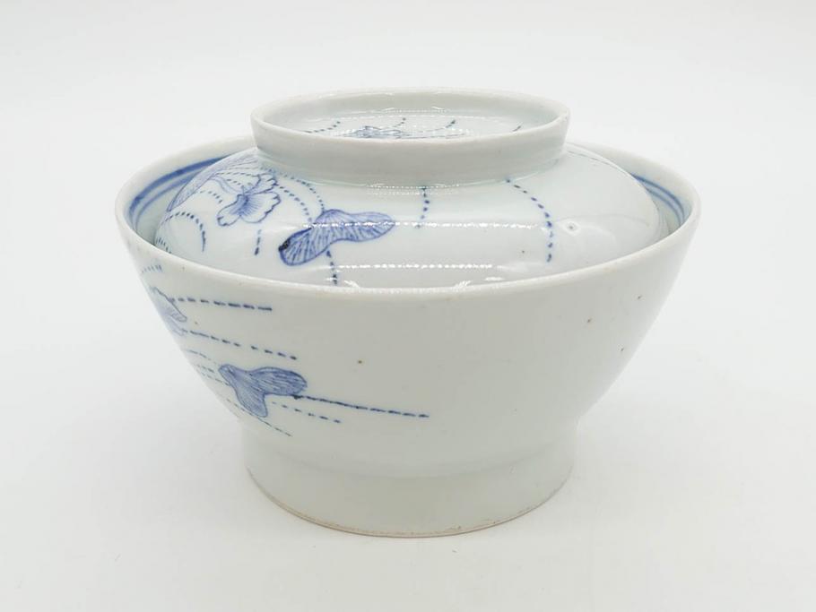 江戸期　古伊万里　染付　線描　蝶花図　約12cm　4寸　清楚な美しさのある蓋付き茶碗2客セット(ちょう、蓮?、和食器、どんぶり、蓋茶碗、四寸)(R-079599)