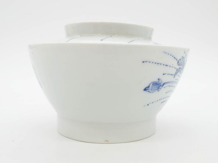 江戸期　古伊万里　染付　線描　蝶花図　約12cm　4寸　爽やかな印象の蓋付き茶碗3客セット(ちょう、蓮?、和食器、どんぶり、蓋茶碗、四寸)(R-079601)
