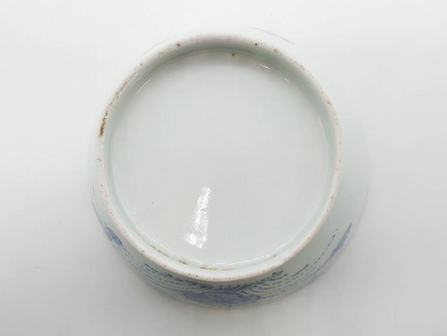 江戸期　古伊万里　染付　線描　蝶花図　約12cm　4寸　爽やかな印象の蓋付き茶碗3客セット(ちょう、蓮?、和食器、どんぶり、蓋茶碗、四寸)(R-079601)