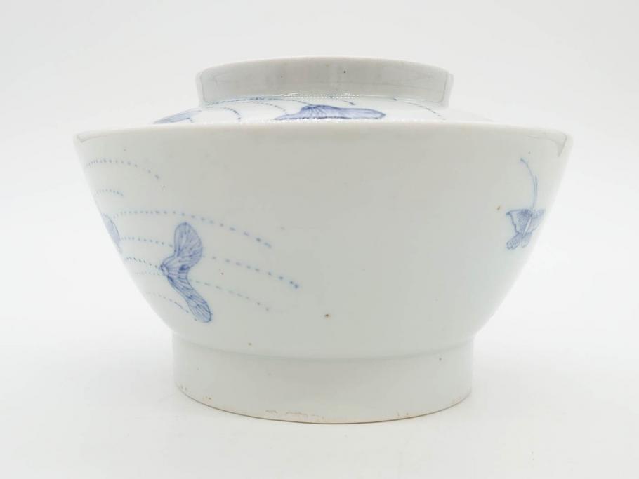 江戸期　古伊万里　染付　線描　蝶花図　約12cm　4寸　爽やかな印象の蓋付き茶碗3客セット(ちょう、蓮?、和食器、どんぶり、蓋茶碗、四寸)(R-079601)