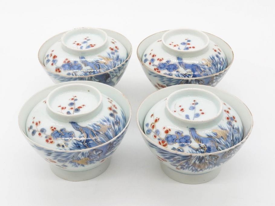 江戸期　古伊万里　染付　色絵　梅　約11cm　3.7寸　食卓を明るく彩る蓋付き茶碗4客セット(金彩、鳥、松、花十字、和食器、蓋茶碗、どんぶり、三寸七分)(R-079602)