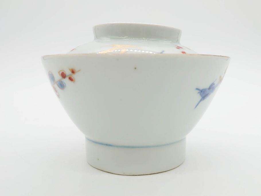 江戸期　古伊万里　染付　色絵　梅　約11cm　3.7寸　食卓を明るく彩る蓋付き茶碗4客セット(金彩、鳥、松、花十字、和食器、蓋茶碗、どんぶり、三寸七分)(R-079602)
