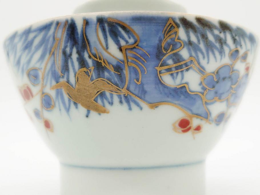 江戸期　古伊万里　染付　色絵　梅　約11cm　3.7寸　食卓を明るく彩る蓋付き茶碗4客セット(金彩、鳥、松、花十字、和食器、蓋茶碗、どんぶり、三寸七分)(R-079602)