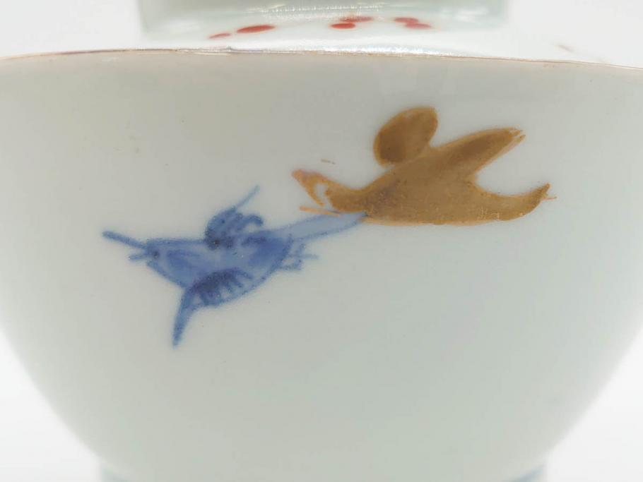 江戸期　古伊万里　染付　色絵　梅　約11cm　3.7寸　食卓を明るく彩る蓋付き茶碗4客セット(金彩、鳥、松、花十字、和食器、蓋茶碗、どんぶり、三寸七分)(R-079602)