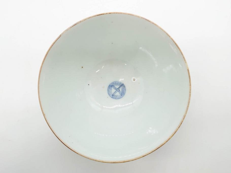 江戸期　古伊万里　染付　色絵　梅　約11cm　3.7寸　食卓を明るく彩る蓋付き茶碗4客セット(金彩、鳥、松、花十字、和食器、蓋茶碗、どんぶり、三寸七分)(R-079602)