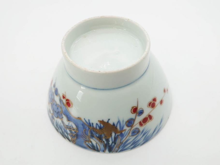 江戸期　古伊万里　染付　色絵　梅　約11cm　3.7寸　食卓を明るく彩る蓋付き茶碗4客セット(金彩、鳥、松、花十字、和食器、蓋茶碗、どんぶり、三寸七分)(R-079602)