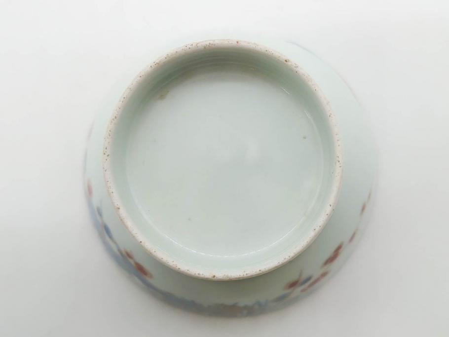 江戸期　古伊万里　染付　色絵　梅　約11cm　3.7寸　食卓を明るく彩る蓋付き茶碗4客セット(金彩、鳥、松、花十字、和食器、蓋茶碗、どんぶり、三寸七分)(R-079602)