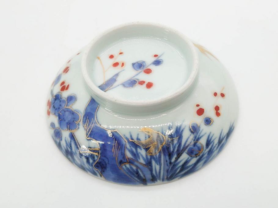 江戸期　古伊万里　染付　色絵　梅　約11cm　3.7寸　食卓を明るく彩る蓋付き茶碗4客セット(金彩、鳥、松、花十字、和食器、蓋茶碗、どんぶり、三寸七分)(R-079602)