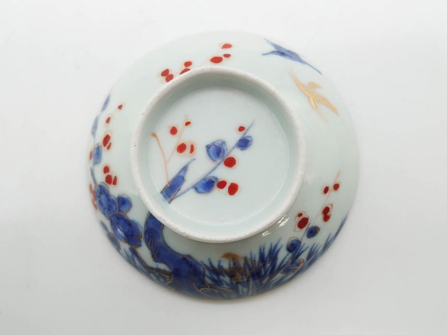 江戸期　古伊万里　染付　色絵　梅　約11cm　3.7寸　食卓を明るく彩る蓋付き茶碗4客セット(金彩、鳥、松、花十字、和食器、蓋茶碗、どんぶり、三寸七分)(R-079602)