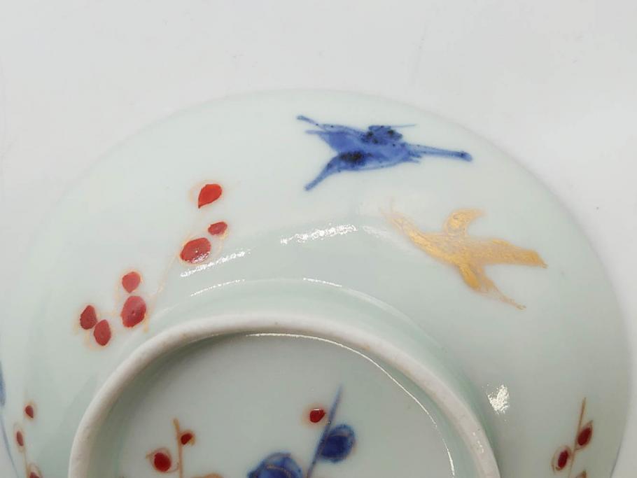 江戸期　古伊万里　染付　色絵　梅　約11cm　3.7寸　食卓を明るく彩る蓋付き茶碗4客セット(金彩、鳥、松、花十字、和食器、蓋茶碗、どんぶり、三寸七分)(R-079602)