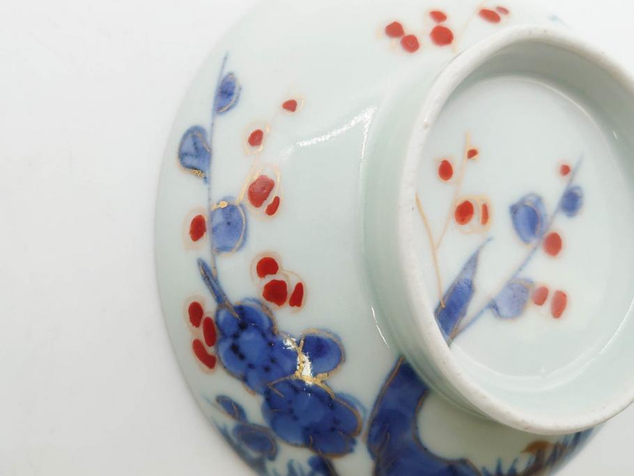 江戸期　古伊万里　染付　色絵　梅　約11cm　3.7寸　食卓を明るく彩る蓋付き茶碗4客セット(金彩、鳥、松、花十字、和食器、蓋茶碗、どんぶり、三寸七分)(R-079602)