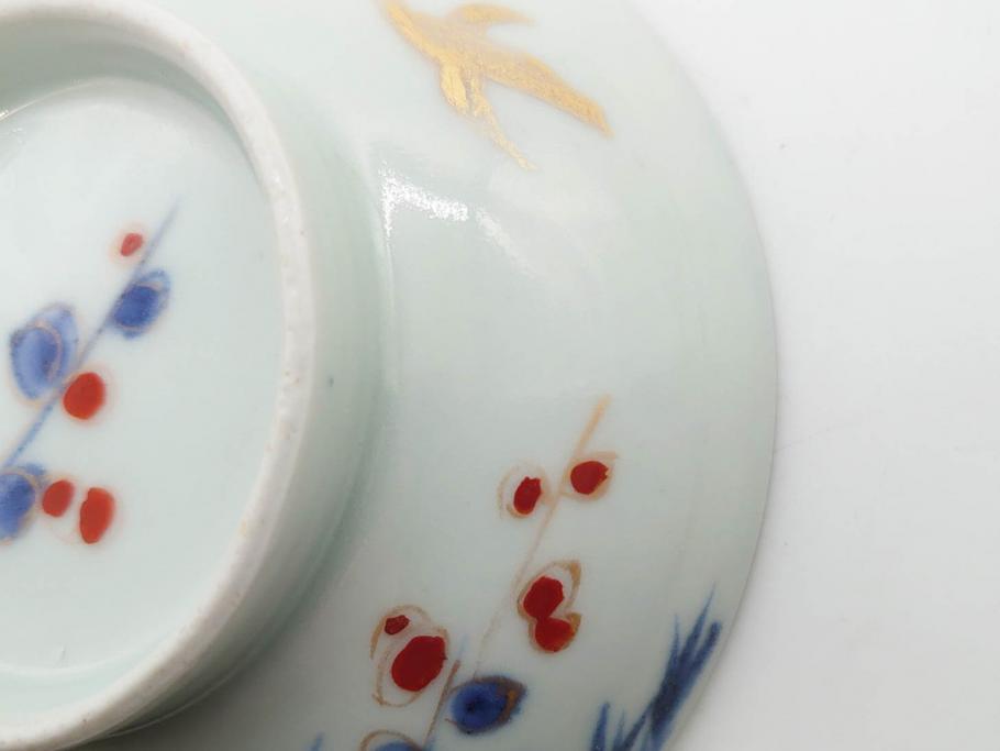江戸期　古伊万里　染付　色絵　梅　約11cm　3.7寸　食卓を明るく彩る蓋付き茶碗4客セット(金彩、鳥、松、花十字、和食器、蓋茶碗、どんぶり、三寸七分)(R-079602)