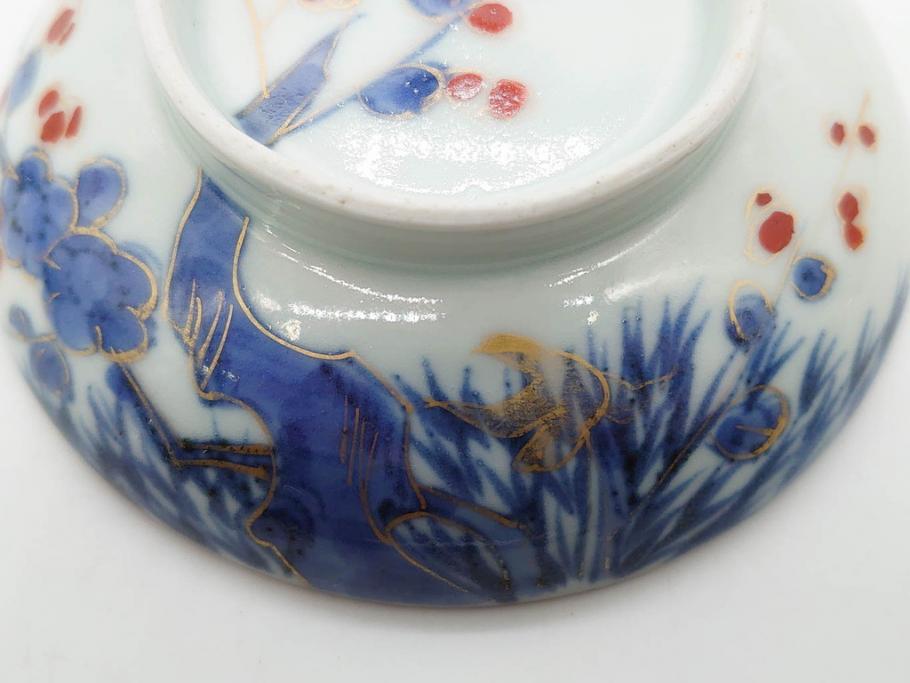 江戸期　古伊万里　染付　色絵　梅　約11cm　3.7寸　食卓を明るく彩る蓋付き茶碗4客セット(金彩、鳥、松、花十字、和食器、蓋茶碗、どんぶり、三寸七分)(R-079602)