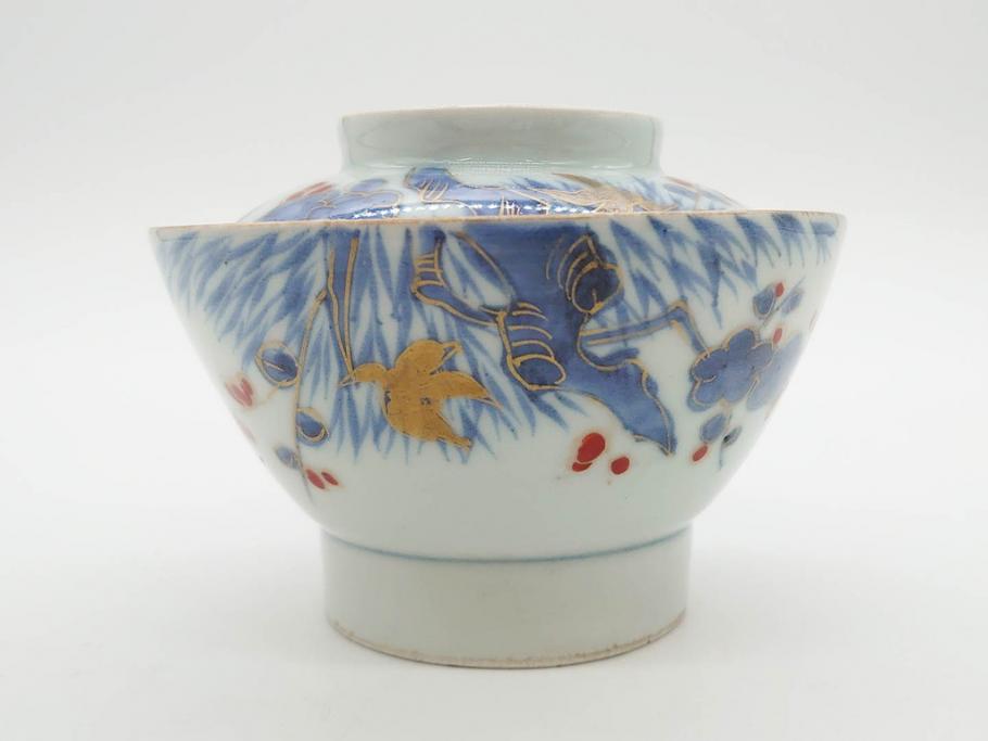 江戸期　古伊万里　染付　色絵　梅　約11cm　3.7寸　食卓を明るく彩る蓋付き茶碗4客セット(金彩、鳥、松、花十字、和食器、蓋茶碗、どんぶり、三寸七分)(R-079602)