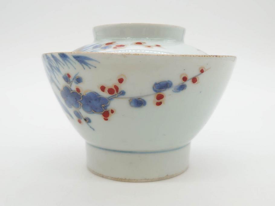 江戸期　古伊万里　染付　色絵　梅　約11cm　3.7寸　食卓を明るく彩る蓋付き茶碗4客セット(金彩、鳥、松、花十字、和食器、蓋茶碗、どんぶり、三寸七分)(R-079602)