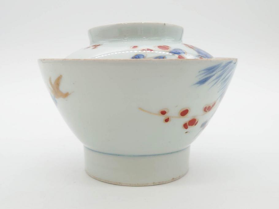 江戸期　古伊万里　染付　色絵　梅　約11cm　3.7寸　食卓を明るく彩る蓋付き茶碗4客セット(金彩、鳥、松、花十字、和食器、蓋茶碗、どんぶり、三寸七分)(R-079602)