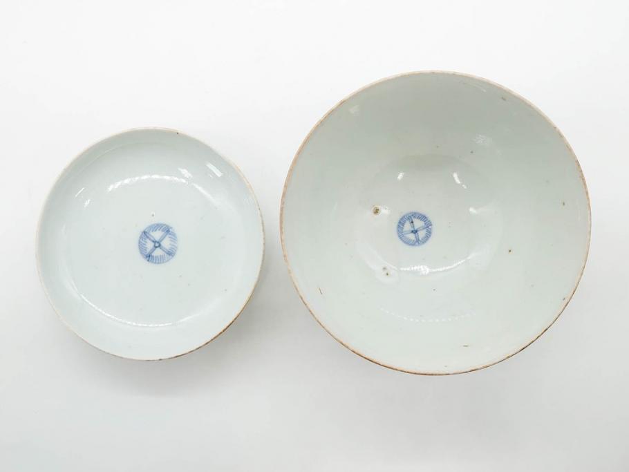 江戸期　古伊万里　染付　色絵　梅　約11cm　3.7寸　食卓を明るく彩る蓋付き茶碗4客セット(金彩、鳥、松、花十字、和食器、蓋茶碗、どんぶり、三寸七分)(R-079602)