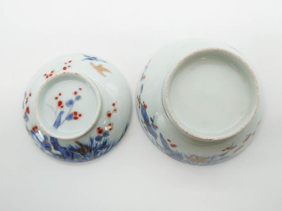 江戸期　古伊万里　染付　色絵　梅　約11cm　3.7寸　食卓を明るく彩る蓋付き茶碗4客セット(金彩、鳥、松、花十字、和食器、蓋茶碗、どんぶり、三寸七分)(R-079602)