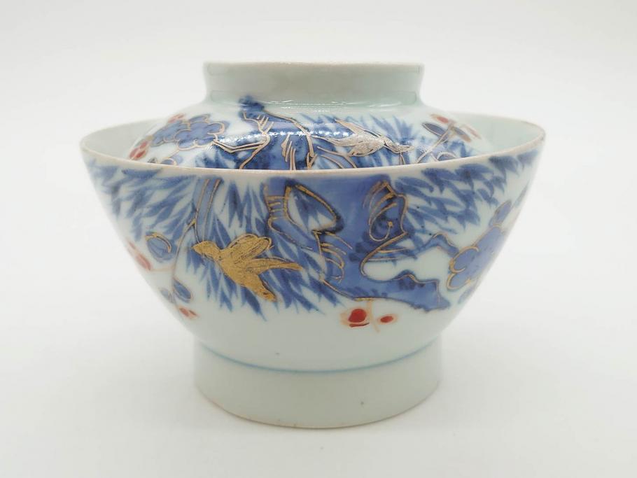 江戸期　古伊万里　染付　色絵　梅　約11cm　3.7寸　食卓を明るく彩る蓋付き茶碗4客セット(金彩、鳥、松、花十字、和食器、蓋茶碗、どんぶり、三寸七分)(R-079602)