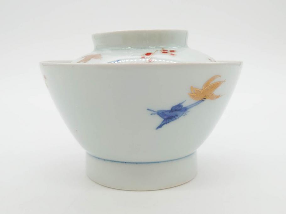 江戸期　古伊万里　染付　色絵　梅　約11cm　3.7寸　食卓を明るく彩る蓋付き茶碗4客セット(金彩、鳥、松、花十字、和食器、蓋茶碗、どんぶり、三寸七分)(R-079602)