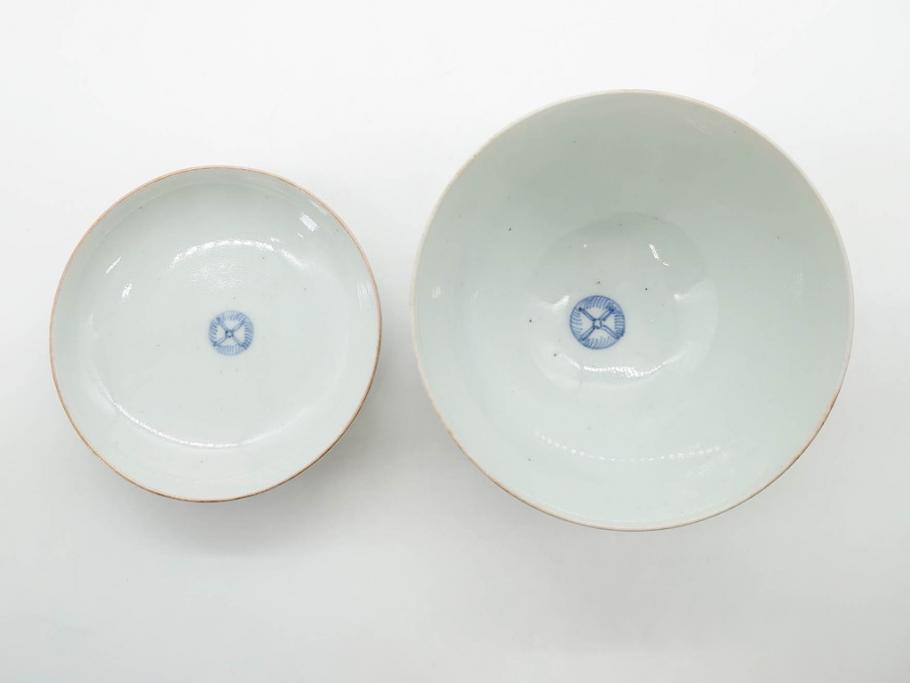 江戸期　古伊万里　染付　色絵　梅　約11cm　3.7寸　食卓を明るく彩る蓋付き茶碗4客セット(金彩、鳥、松、花十字、和食器、蓋茶碗、どんぶり、三寸七分)(R-079602)