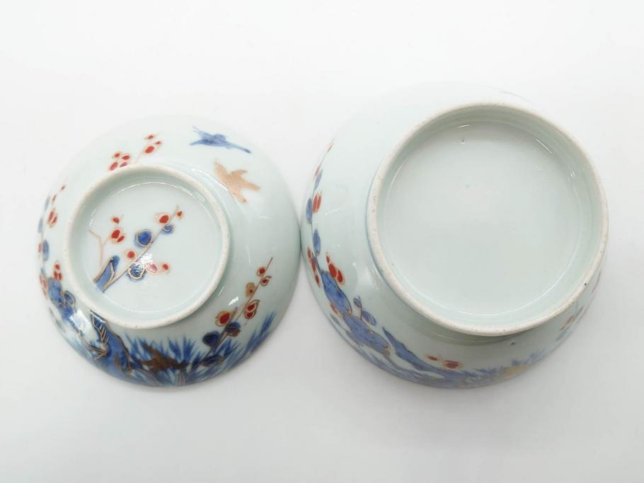 江戸期　古伊万里　染付　色絵　梅　約11cm　3.7寸　食卓を明るく彩る蓋付き茶碗4客セット(金彩、鳥、松、花十字、和食器、蓋茶碗、どんぶり、三寸七分)(R-079602)
