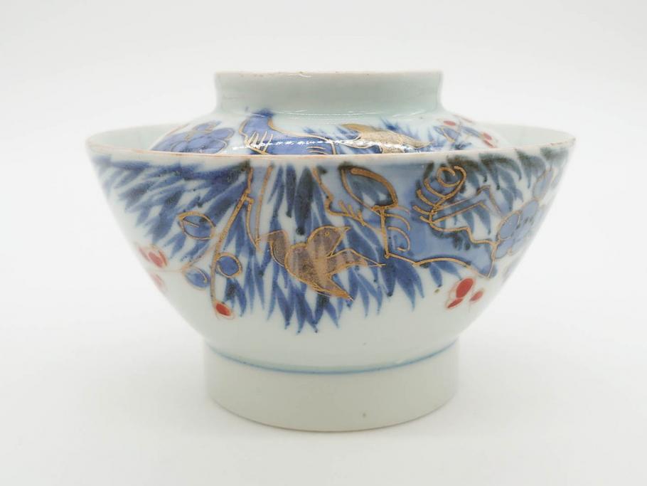 江戸期　古伊万里　染付　色絵　梅　約11cm　3.7寸　食卓を明るく彩る蓋付き茶碗4客セット(金彩、鳥、松、花十字、和食器、蓋茶碗、どんぶり、三寸七分)(R-079602)