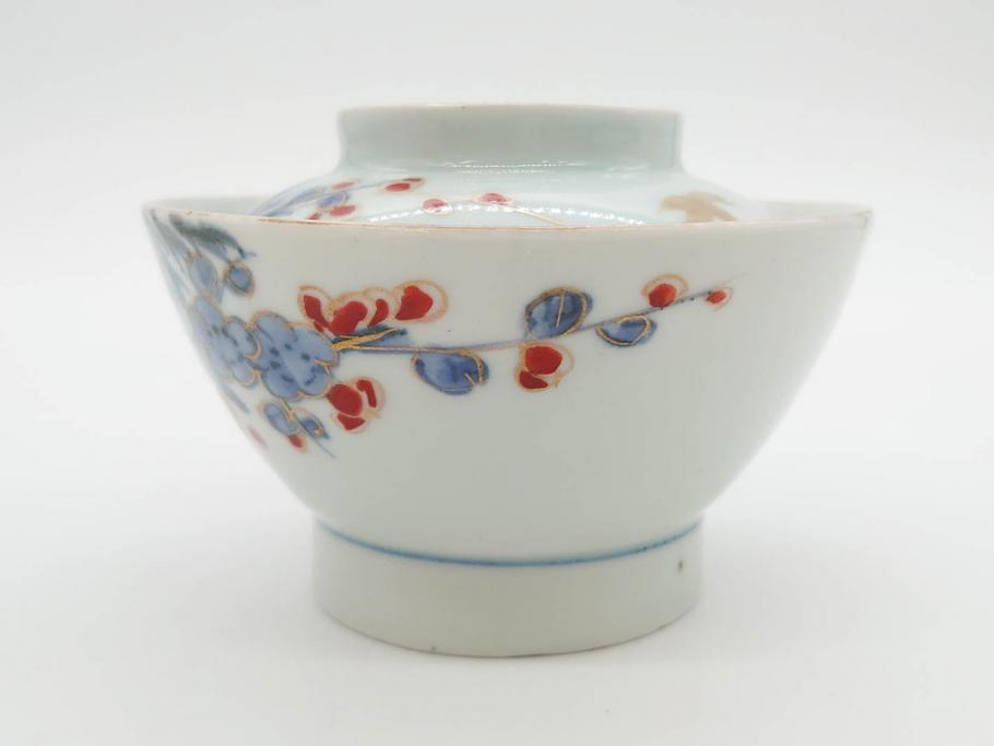 江戸期　古伊万里　染付　色絵　梅　約11cm　3.7寸　食卓を明るく彩る蓋付き茶碗4客セット(金彩、鳥、松、花十字、和食器、蓋茶碗、どんぶり、三寸七分)(R-079602)
