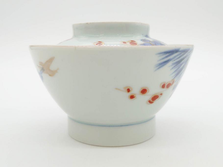 江戸期　古伊万里　染付　色絵　梅　約11cm　3.7寸　食卓を明るく彩る蓋付き茶碗4客セット(金彩、鳥、松、花十字、和食器、蓋茶碗、どんぶり、三寸七分)(R-079602)